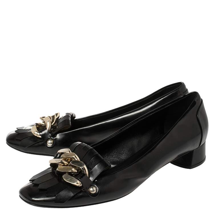 Pre Owned Casadei Black Patent Leather Chain Embellished Fringe Pumps Size 39