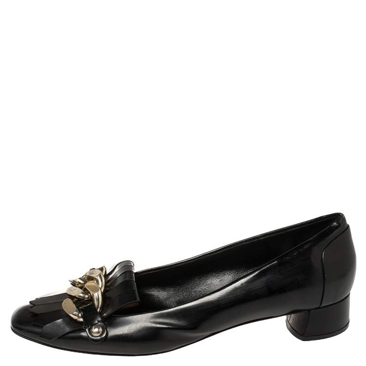 Pre Owned Casadei Black Patent Leather Chain Embellished Fringe Pumps Size 39