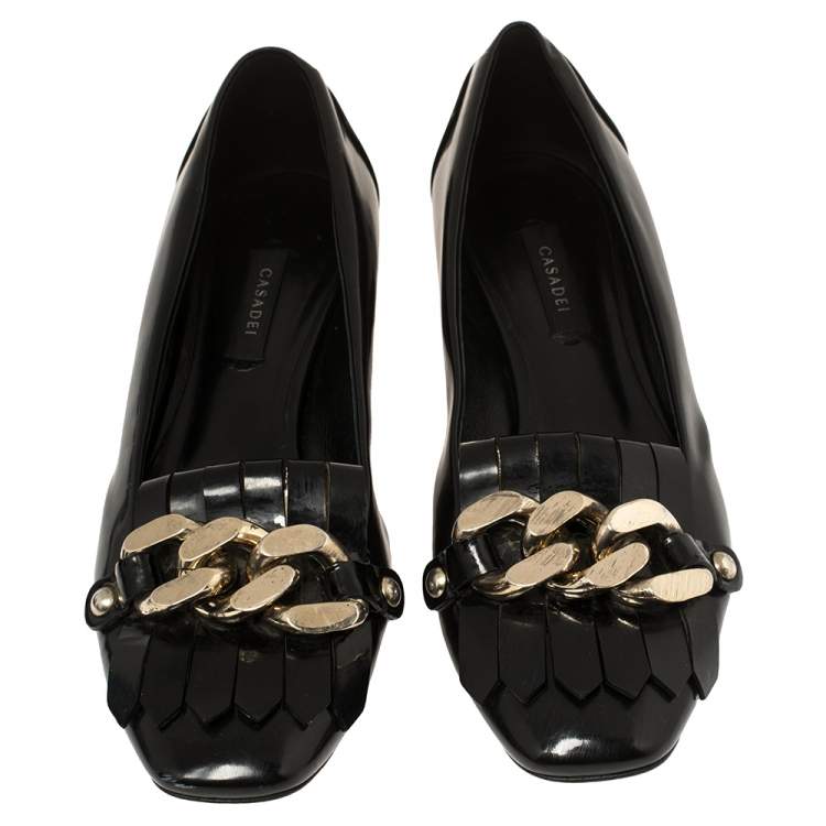Pre Owned Casadei Black Patent Leather Chain Embellished Fringe Pumps Size 39
