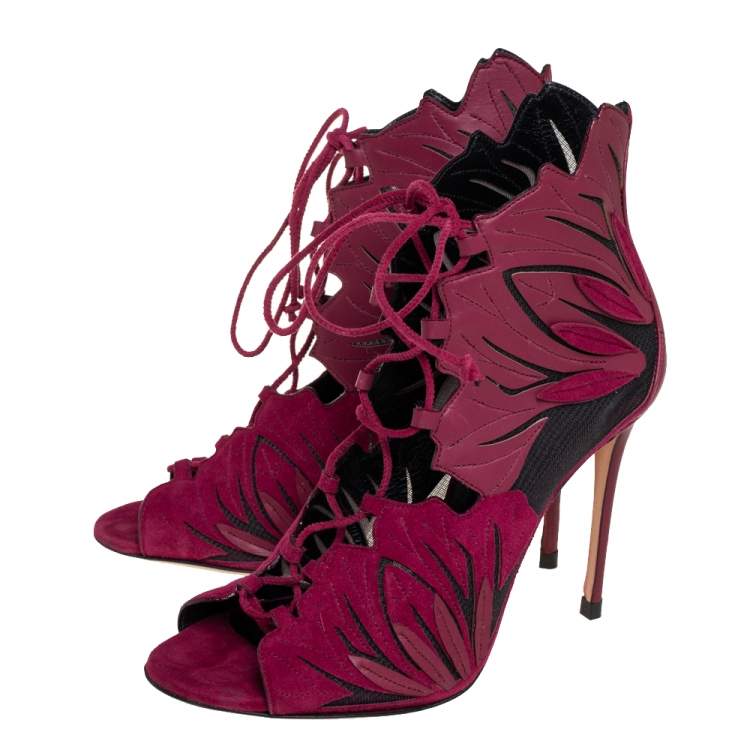 Pre Owned Casadei Laser Burgundy Suede And Leather Peep Toe Lace Up Booties Size 36 