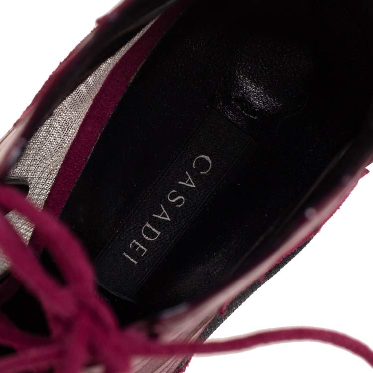Pre Owned Casadei Laser Burgundy Suede And Leather Peep Toe Lace Up Booties Size 36 