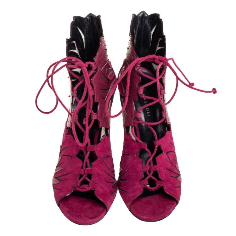 Pre Owned Casadei Laser Burgundy Suede And Leather Peep Toe Lace Up Booties Size 36 