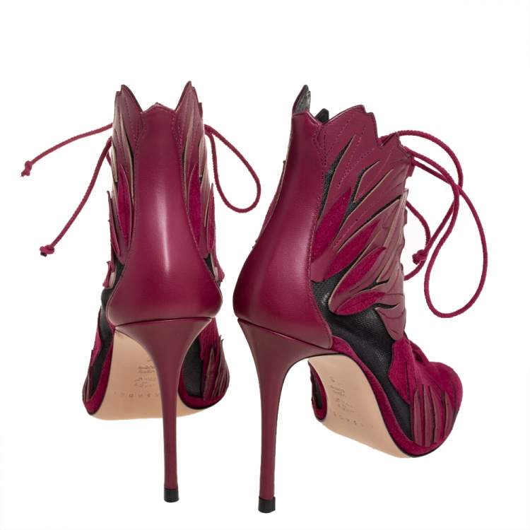 Pre Owned Casadei Laser Burgundy Suede And Leather Peep Toe Lace Up Booties Size 36 