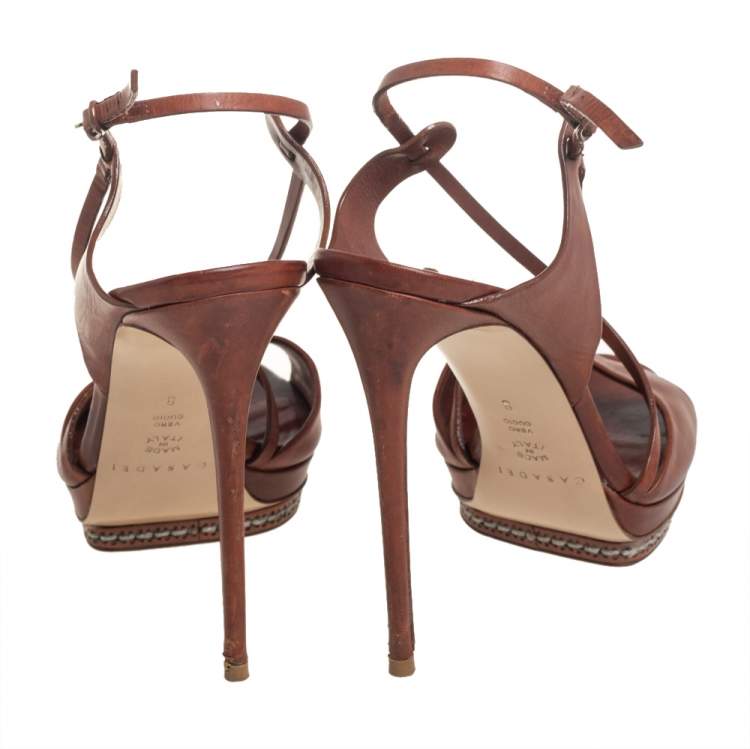 Pre Owned Casadei Brown Leather Platform Sandals Size 38