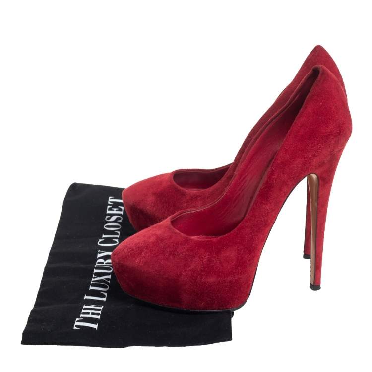 Pre Owned Casadei Red Suede Platform Pumps Size 37