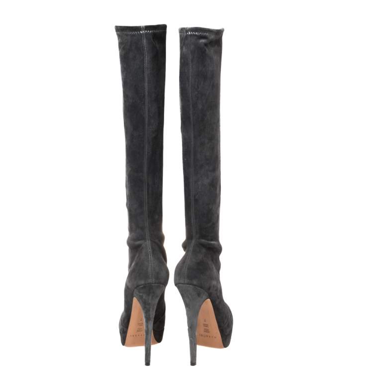 Pre Owned Casadei Grey Suede Knee Length Platform Boots Size 37
