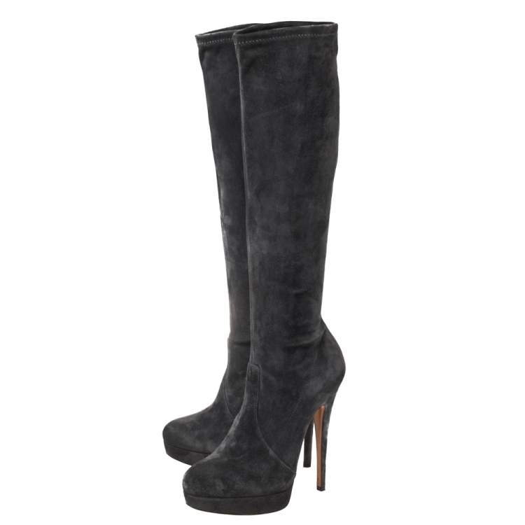Pre Owned Casadei Grey Suede Knee Length Platform Boots Size 37
