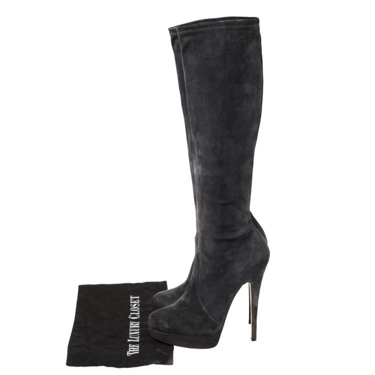 Pre Owned Casadei Grey Suede Knee Length Platform Boots Size 37