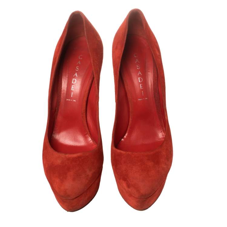 Pre Owned Casadei Red Suede Platform Pumps Size 40