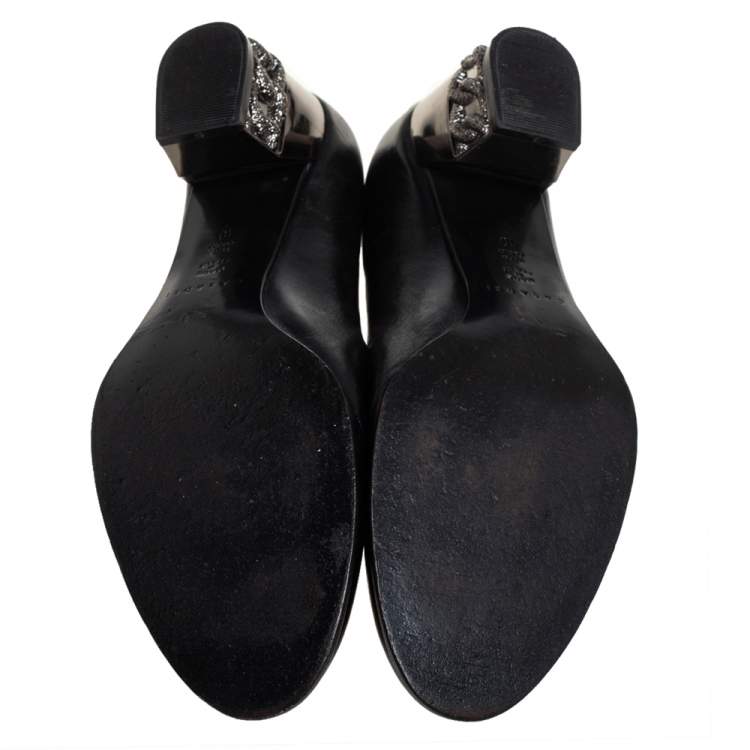 Pre Owned Casadei Black Leather Chain Embellished Block Heel  Pumps Size 40