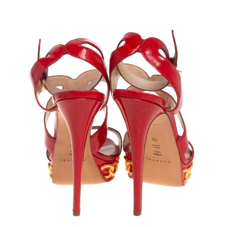 Pre Owned Casadei Red Patent Leather Crossover Platform Sandals Size 40