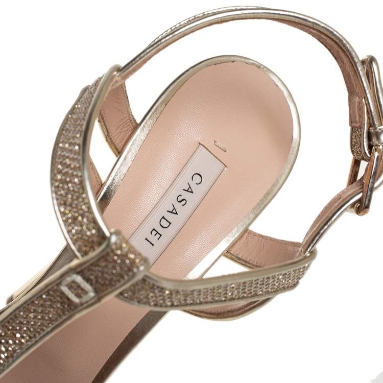 Pre Owned Casadei Metallic Golden Gliiter And Lamé Fabric Taglia T-Strap Peep Toe Platform Sandals Size 40