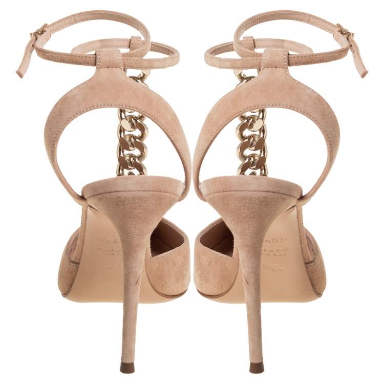 Pre Owned Casadei Beige Suede Chain Strap Pumps Size 36
