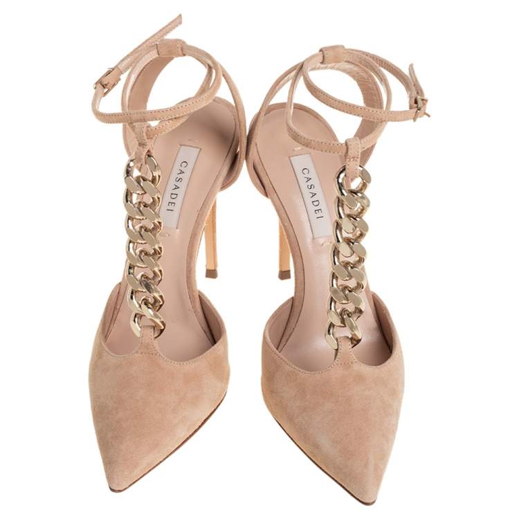 Pre Owned Casadei Beige Suede Chain Strap Pumps Size 36