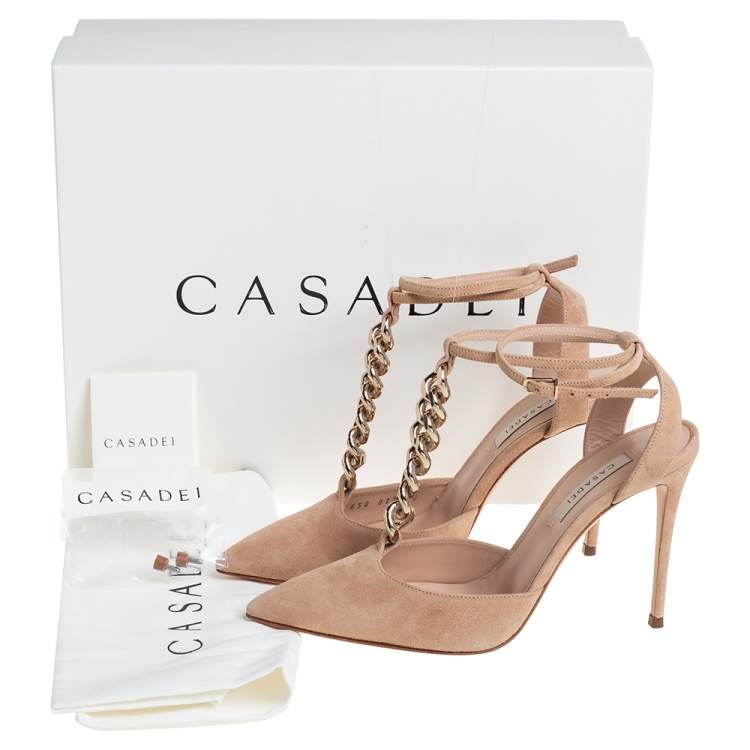Pre Owned Casadei Beige Suede Chain Strap Pumps Size 36