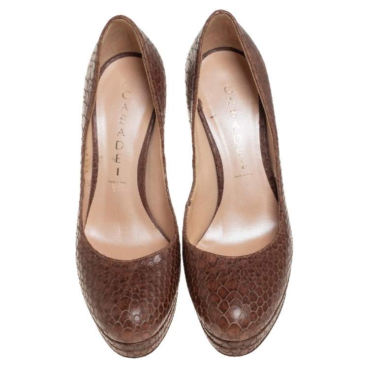 Pre Owned Casadei Brown Python Embossed Leather Platform Pumps Size 35