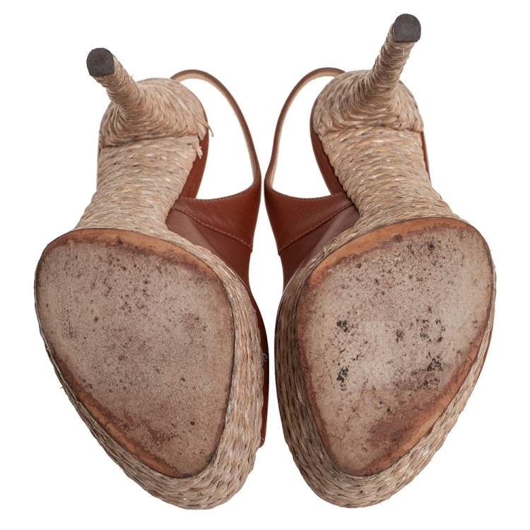 Pre Owned Casadei Brown Leather Peep Toe Platform Slingback Sandals Size 37