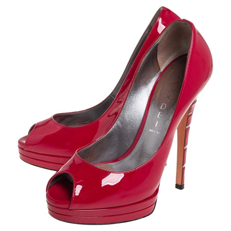 Pre Owned Casadei Red Patent Leather Peep Toe Platform Pumps Size 36.5