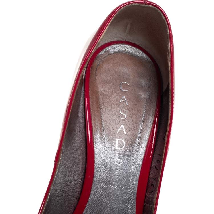 Pre Owned Casadei Red Patent Leather Peep Toe Platform Pumps Size 36.5