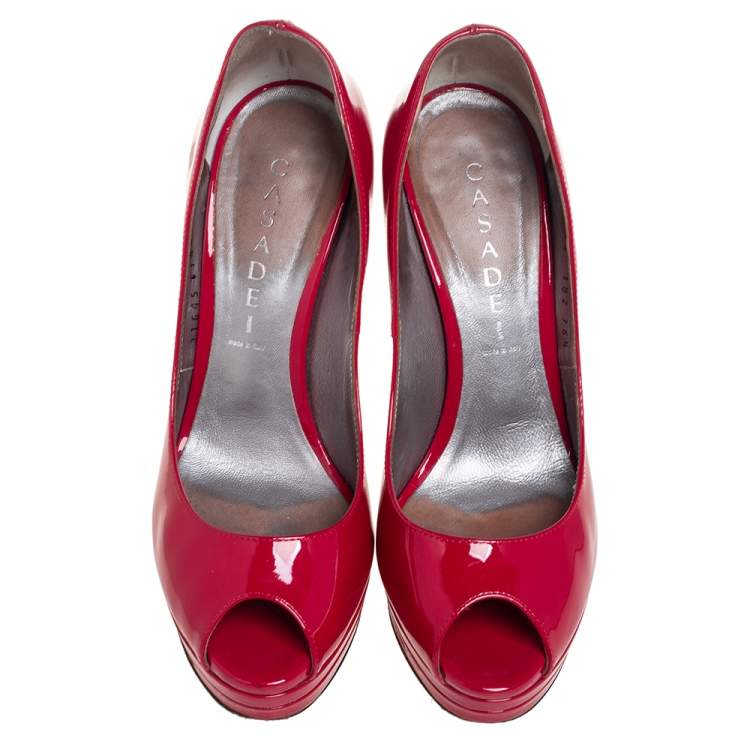 Pre Owned Casadei Red Patent Leather Peep Toe Platform Pumps Size 36.5