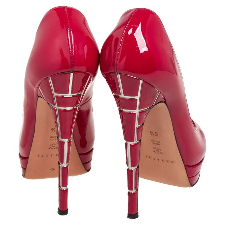 Pre Owned Casadei Red Patent Leather Peep Toe Platform Pumps Size 36.5