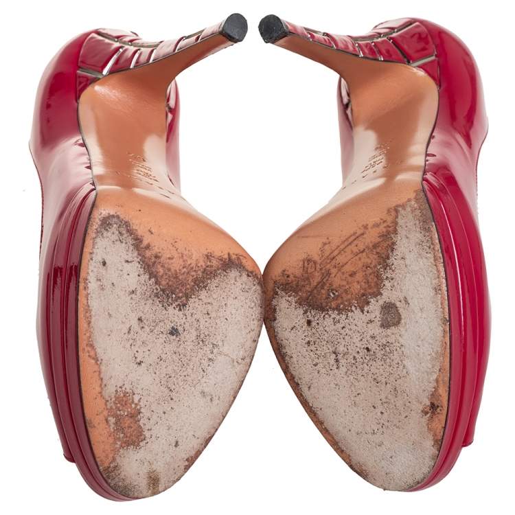 Pre Owned Casadei Red Patent Leather Peep Toe Platform Pumps Size 36.5