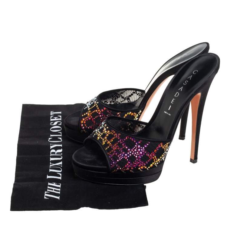 Pre Owned Casadei Black Satin Crystal Embellished Platform Open Toe Slide Sandals Size 38