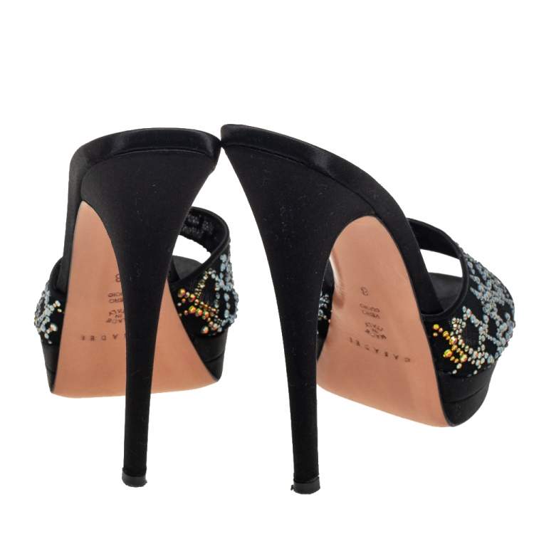 Pre Owned Casadei Black Satin Crystal Embellished Platform Open Toe Slide Sandals Size 38