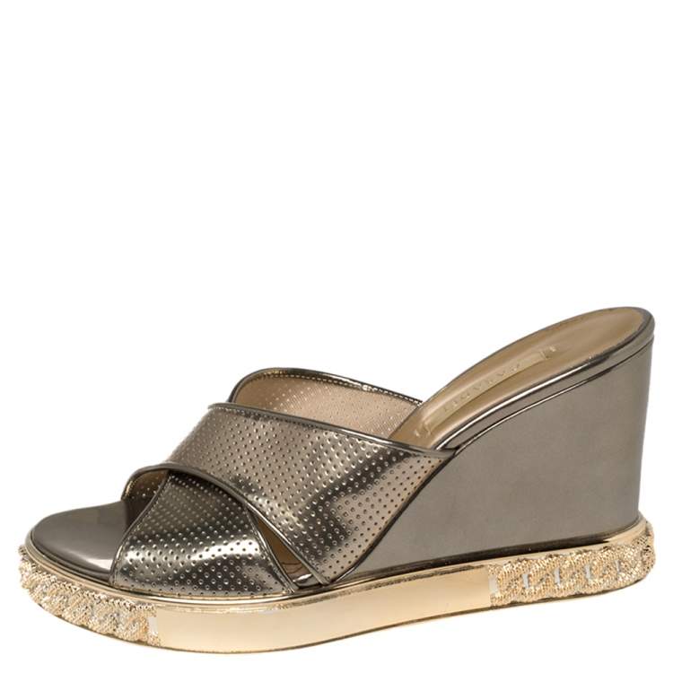 Pre Owned Casadei Metallic Bronze Perforated Leather Wedge Slide Sandals Size 38