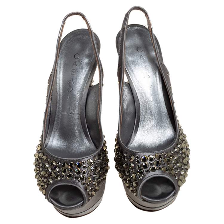 Pre Owned Casadei Grey Satin Crystal Embellished Platform Slingback Sandals Size 35