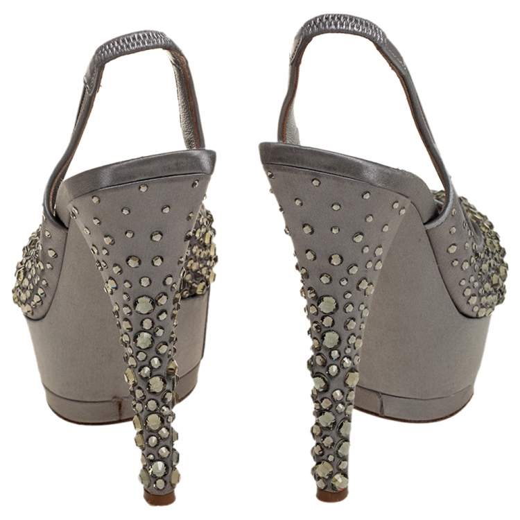 Pre Owned Casadei Grey Satin Crystal Embellished Platform Slingback Sandals Size 35