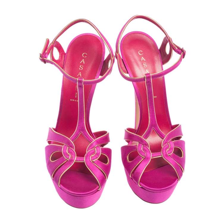 Pre Owned Casadei Pink Satin T Strap Open Toe Platform Sandals Size 40