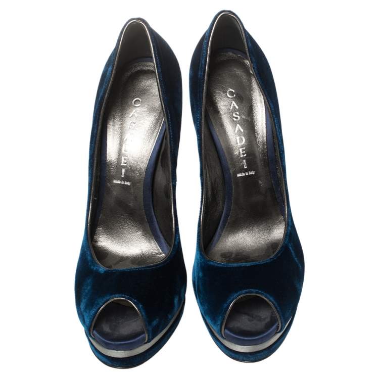 Pre Owned Casadei Blue Velvet Peep Toe Platform Pumps Size 40