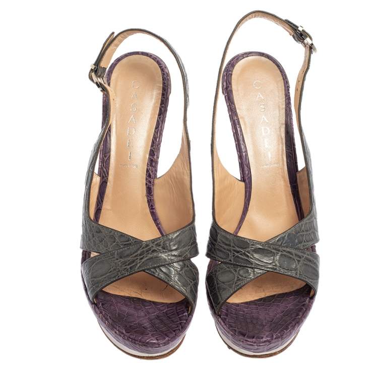 Pre Owned Casadei Grey/Purple Croc Embossed Leather Cross Strap Platform Sandals Size 40