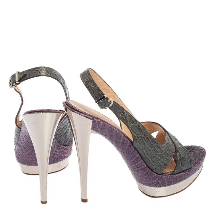Pre Owned Casadei Grey/Purple Croc Embossed Leather Cross Strap Platform Sandals Size 40