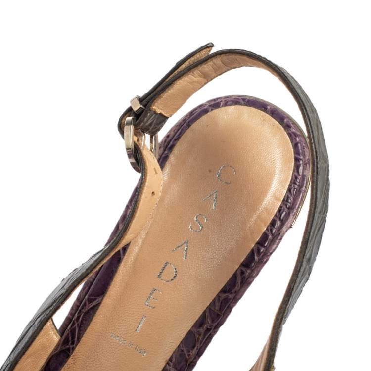 Pre Owned Casadei Grey/Purple Croc Embossed Leather Cross Strap Platform Sandals Size 40