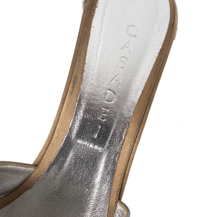مملوكة مسبقًا Casadei Grey Satin Crystal Embellished Platform Open Toe Slide Sandals Size 40
