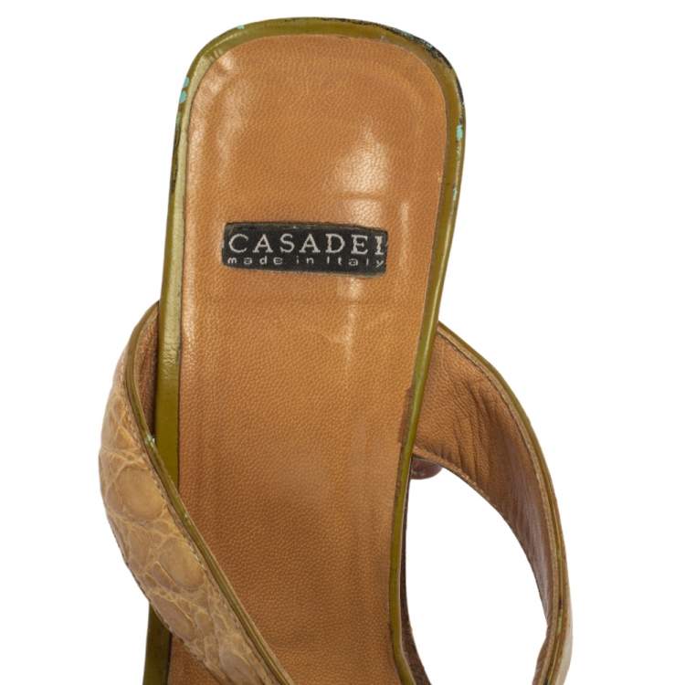 Pre Owned Casadei Beige Croc Embossed Leather Square Toe Slide Sandals Size 37