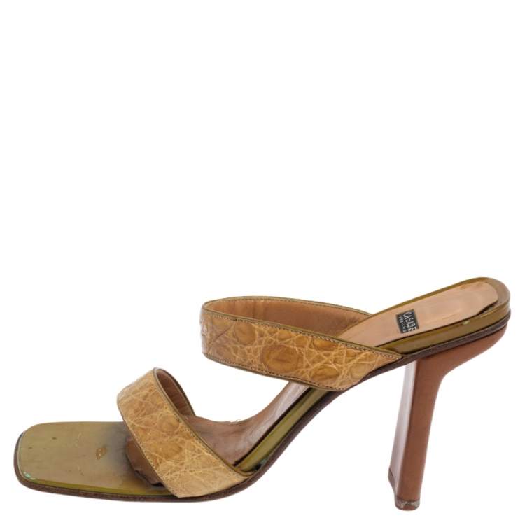 Pre Owned Casadei Beige Croc Embossed Leather Square Toe Slide Sandals Size 37