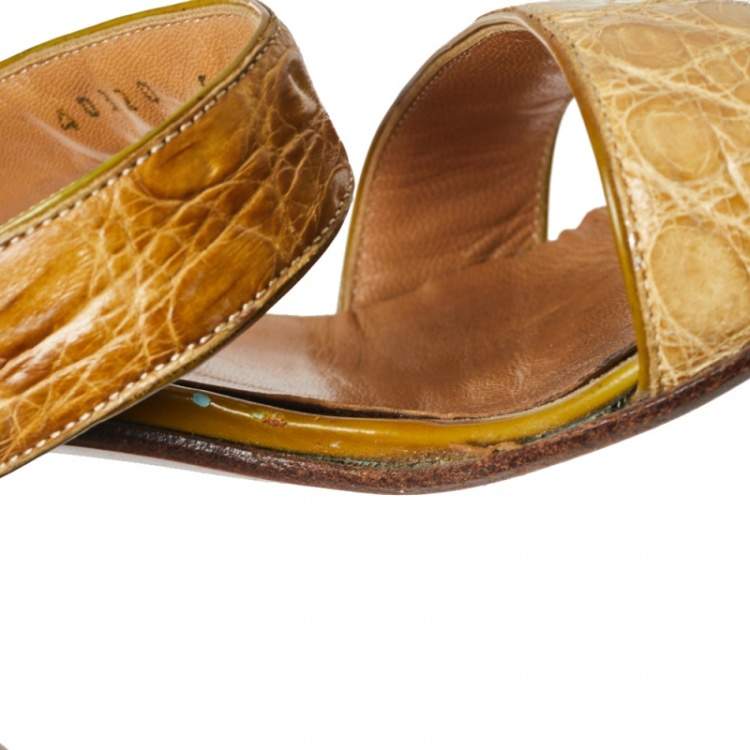 Pre Owned Casadei Beige Croc Embossed Leather Square Toe Slide Sandals Size 37