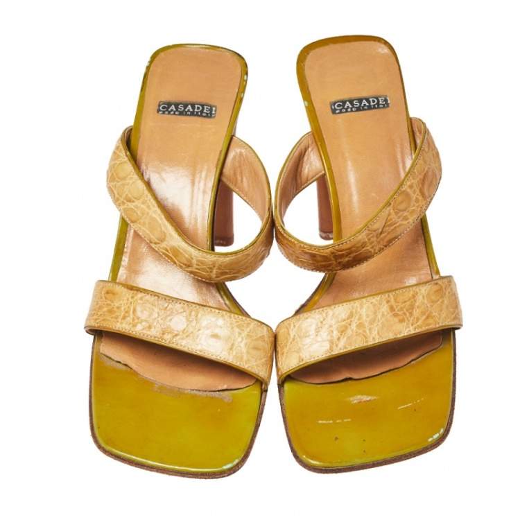 Pre Owned Casadei Beige Croc Embossed Leather Square Toe Slide Sandals Size 37