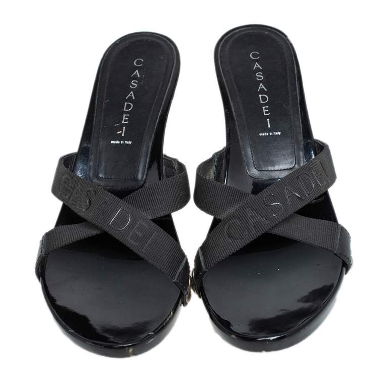 Pre Owned Casadei Black Fabric Studded Slide Sandals Size 38