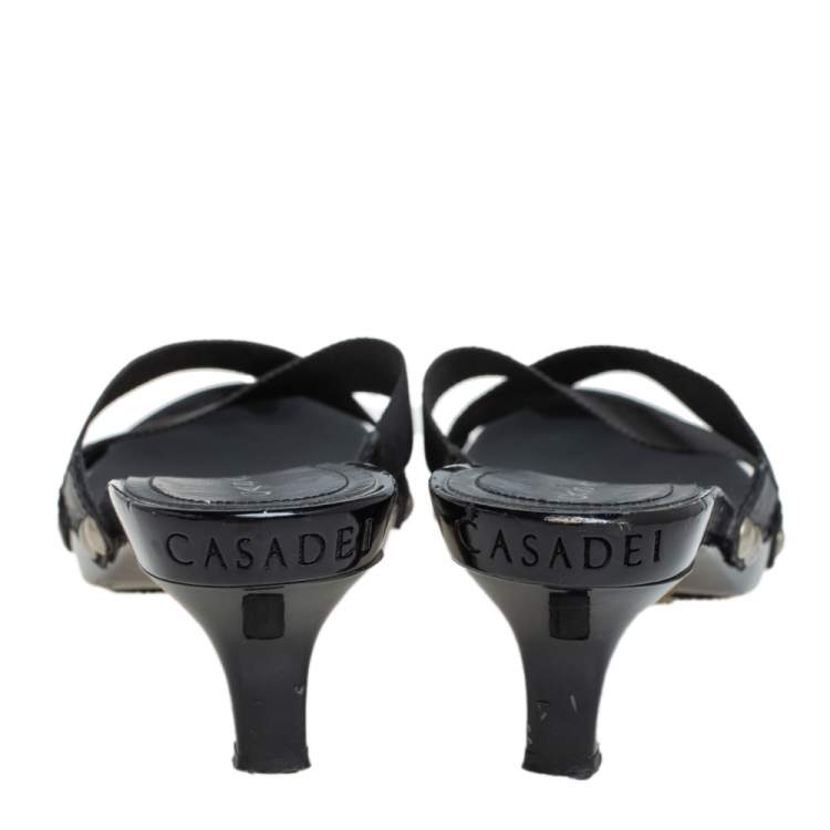 Pre Owned Casadei Black Fabric Studded Slide Sandals Size 38