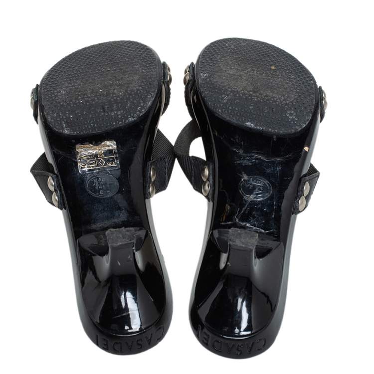 Pre Owned Casadei Black Fabric Studded Slide Sandals Size 38