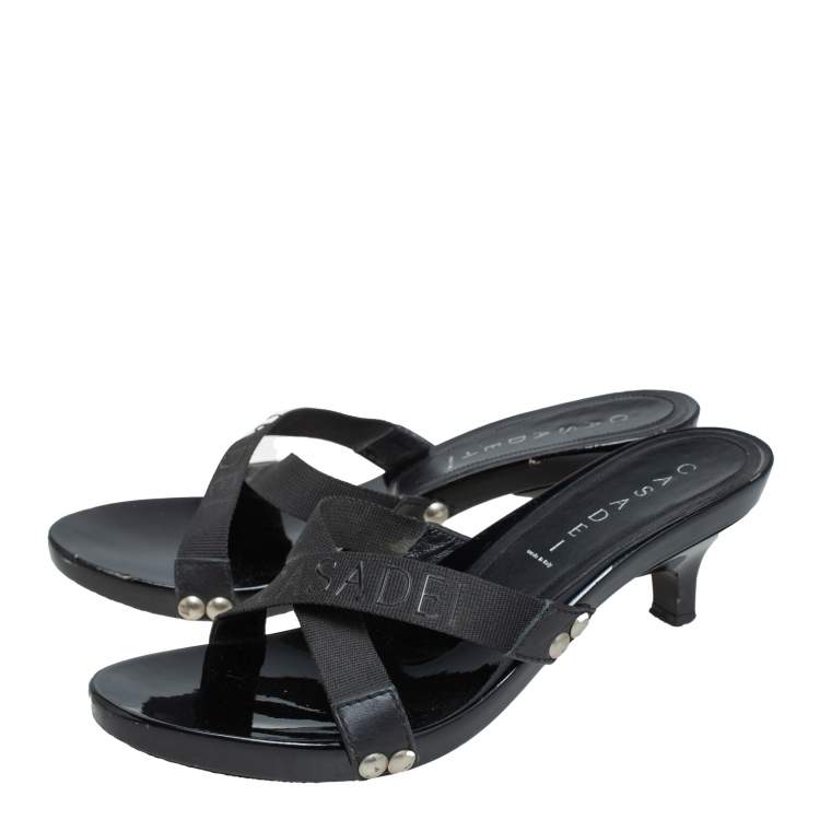 Pre Owned Casadei Black Fabric Studded Slide Sandals Size 38