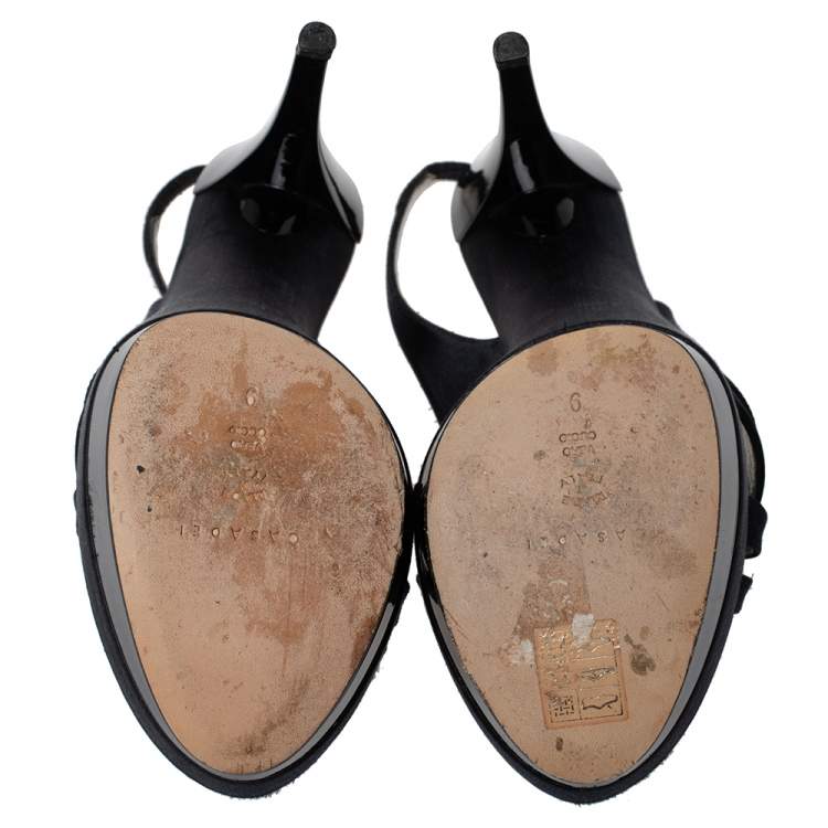 Pre Owned Casadei Black Satin Crystal Embellished Slingback Sandals Size 39