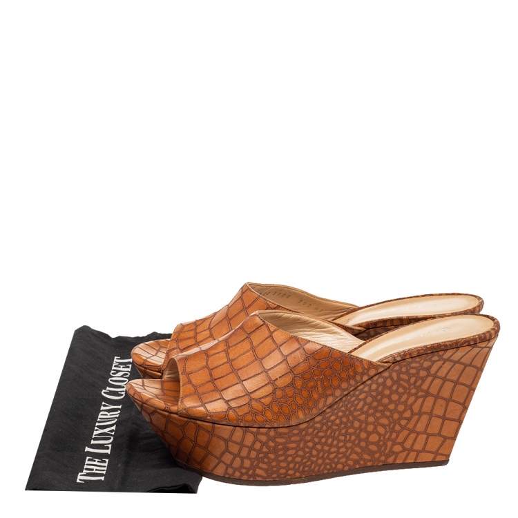 Pre Owned Casadei Brown Croc Embossed Leather Platform Wedge Sandals Size 41