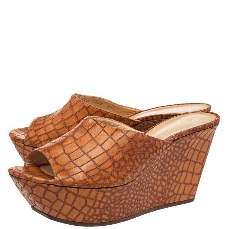 Pre Owned Casadei Brown Croc Embossed Leather Platform Wedge Sandals Size 41