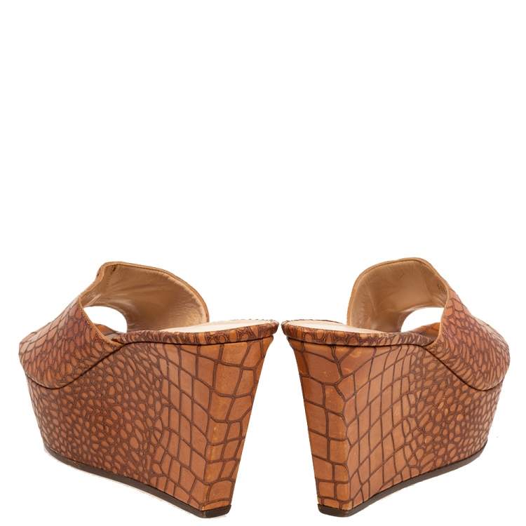 Pre Owned Casadei Brown Croc Embossed Leather Platform Wedge Sandals Size 41