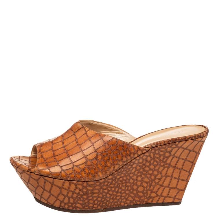 Pre Owned Casadei Brown Croc Embossed Leather Platform Wedge Sandals Size 41